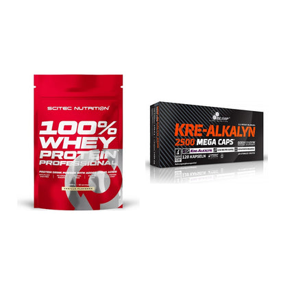 Muskelaufbau-Set: Scitec 100% Whey Protein + Olimp Kre Alkalyn 2500 – alle enthaltenen Artikel