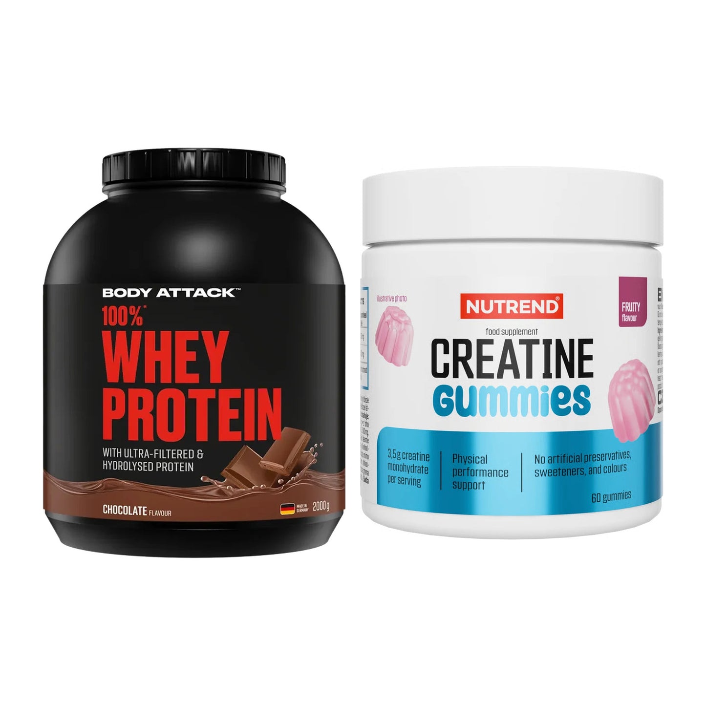 Muskelaufbau-Set: Body Attack 100% Whey + Nutrend Creatine Gummies – alle enthaltenen Artikel