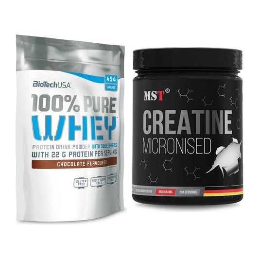 Muskelaufbau-Set: BioTech 100% Pure Whey + MST Creatin Monohydrate – alle enthaltenen Artikel