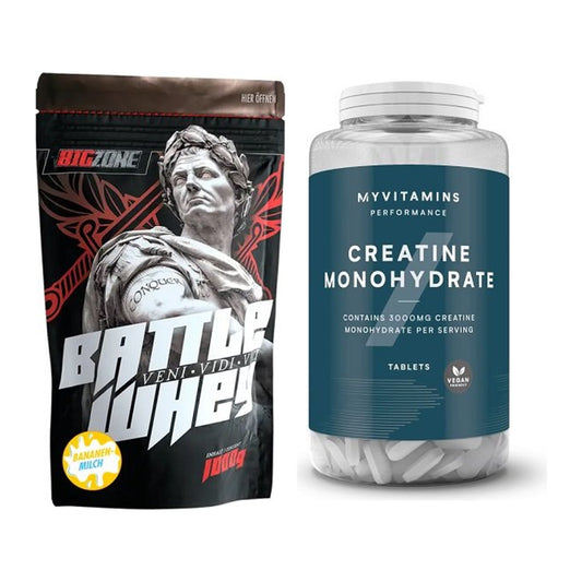 Conjunto de desenvolvimento muscular: Big Zone Battle Whey + MyProtein MyVitamins - todos os artigos incluídos