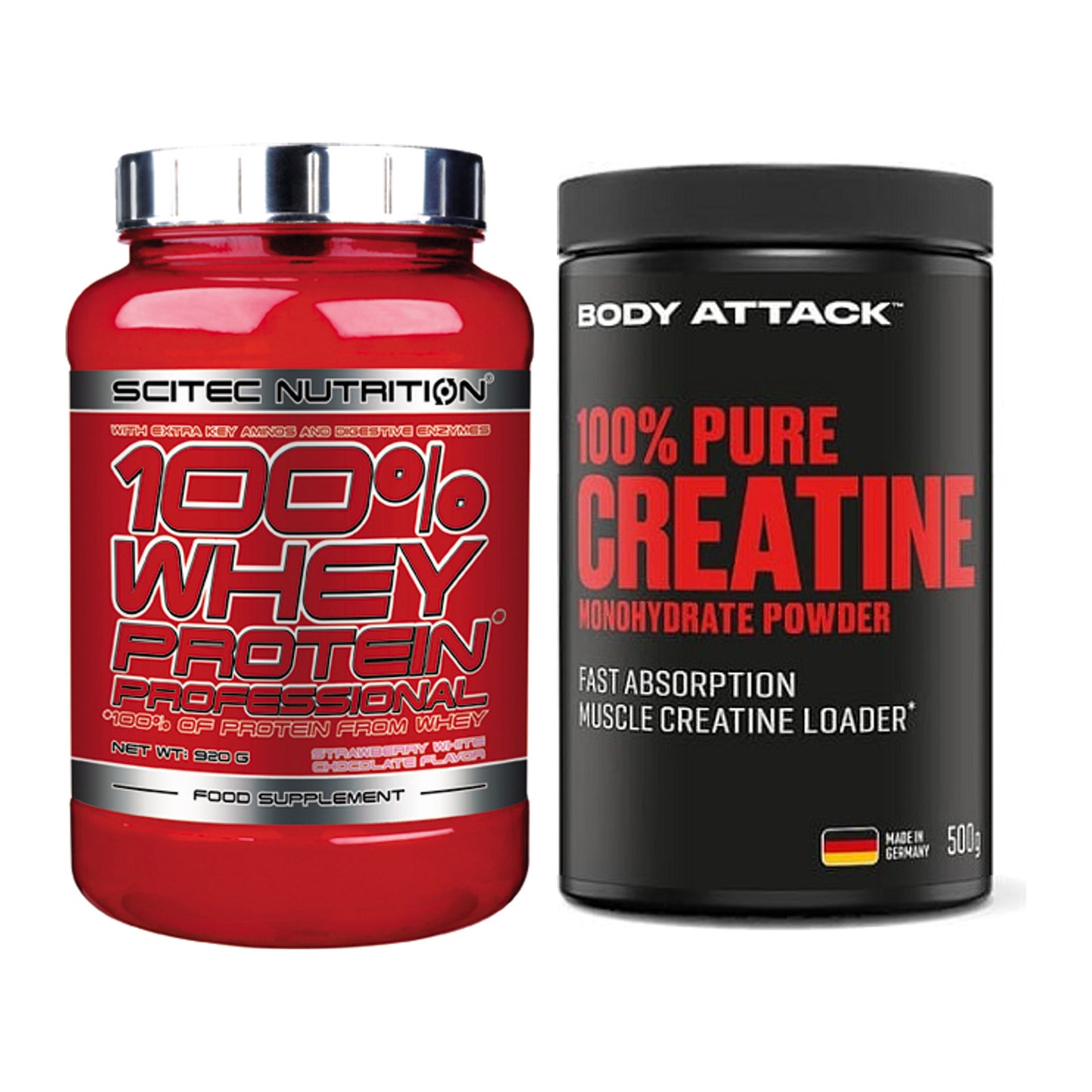 Muskelaufbau-Set: Scitec 100% Whey + Body Attack 100% Pure – alle enthaltenen Artikel
