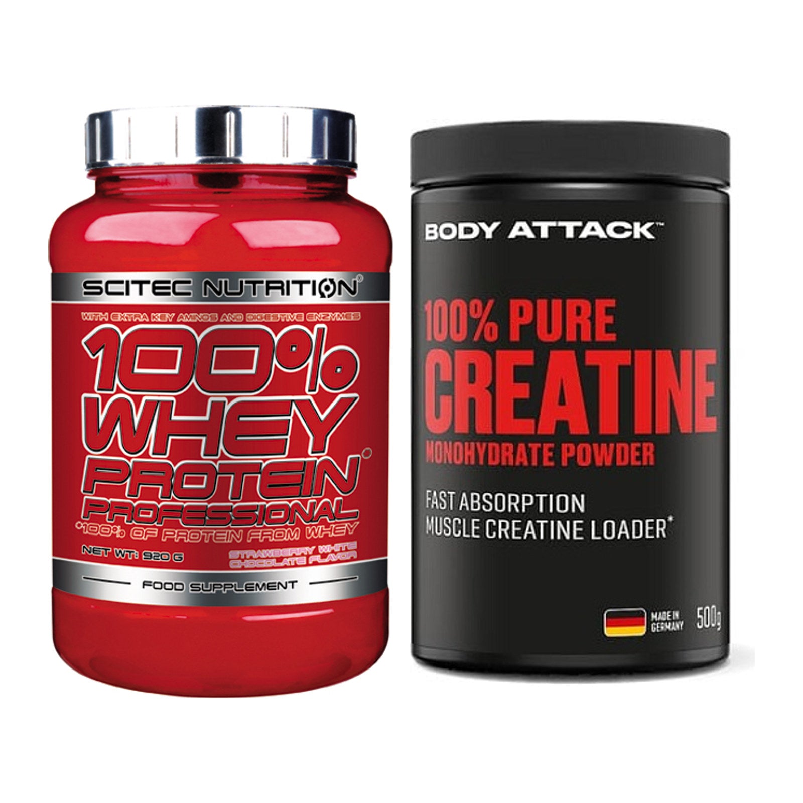 Muskelaufbau-Set: Scitec 100% Whey + Body Attack 100% Pure – alle enthaltenen Artikel