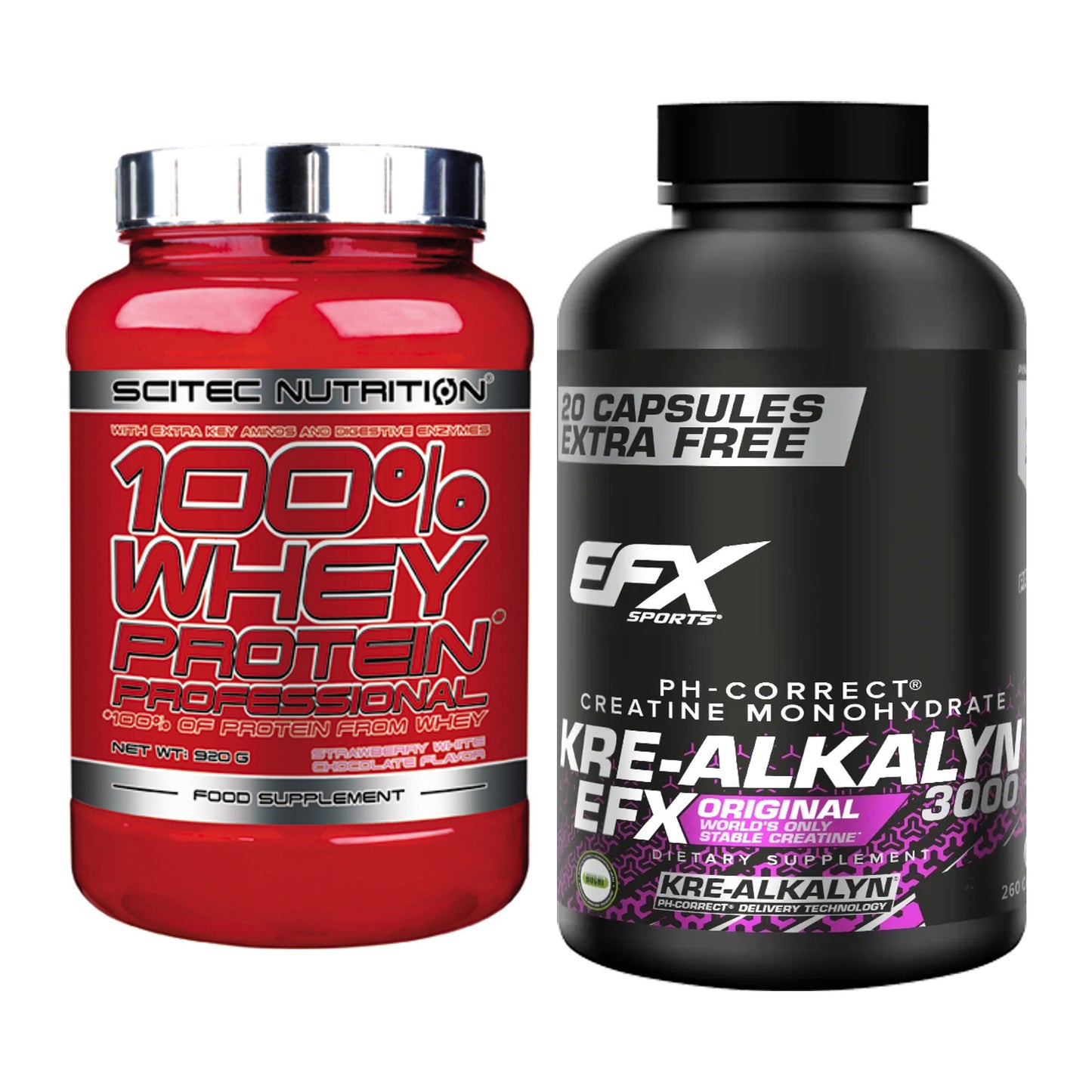 Muskelaufbau-Set: Scitec 100% Whey Professional + EFX Kre-Alkalyn 3000 – alle enthaltenen Artikel