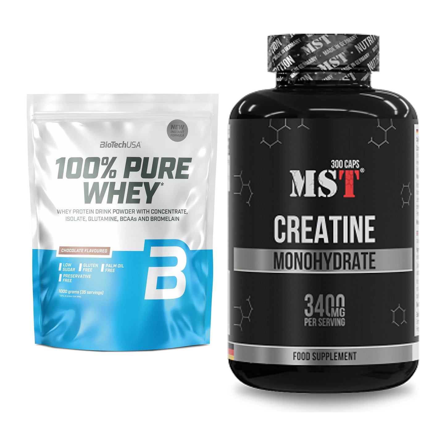 Muskelaufbau-Set: BioTech 100% Pure Whey + MST Creatine Monohydrate – alle enthaltenen Artikel