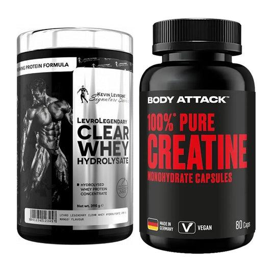 Set para desarrollar músculos: Kevin Levrone Clear Whey + Body Attack 100% Pure - todos los artículos incluidos
