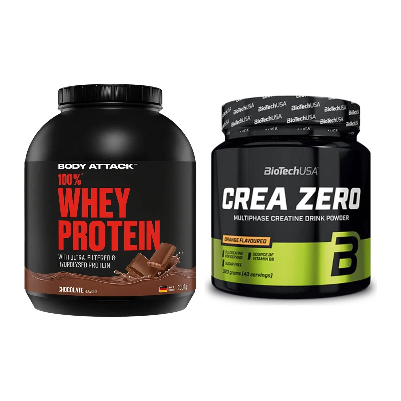 Muskelaufbau-Set: Body Attack 100% Whey Protein + BioTech Crea Zero – alle enthaltenen Artikel