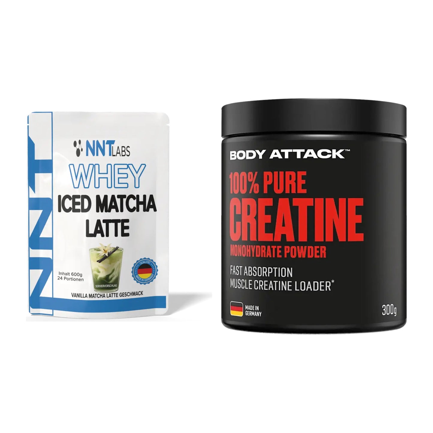 Muskelaufbau-Set: NNT Whey ICED MATCHA + Body Attack 100% Pure – alle enthaltenen Artikel