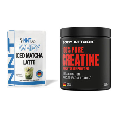 Muskelaufbau-Set: NNT Whey ICED MATCHA + Body Attack 100% Pure – alle enthaltenen Artikel