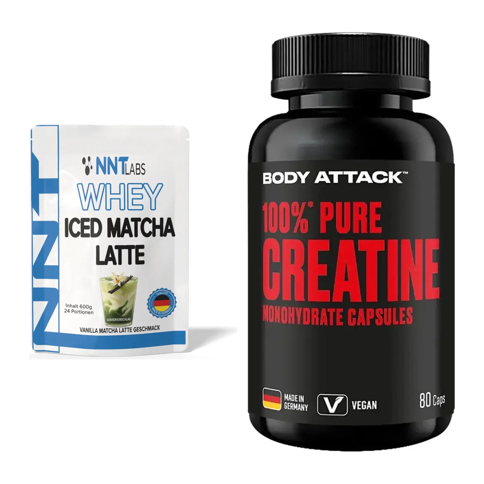 Muskelaufbau-Set: NNT Whey ICED MATCHA + Body Attack 100% Pure – alle enthaltenen Artikel