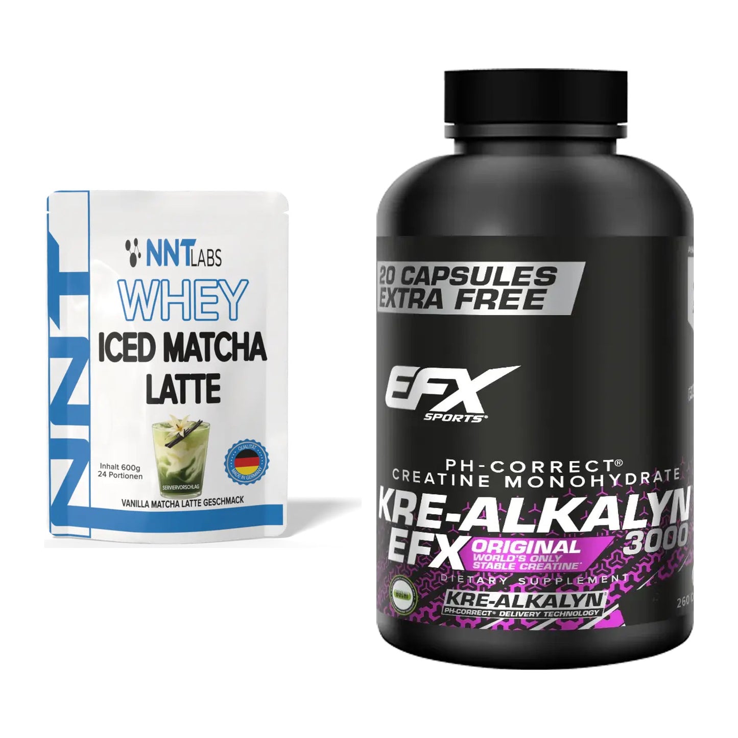 Muskelaufbau-Set: NNT Whey ICED MATCHA LATTE + EFX Kre-Alkalyn 3000 – alle enthaltenen Artikel