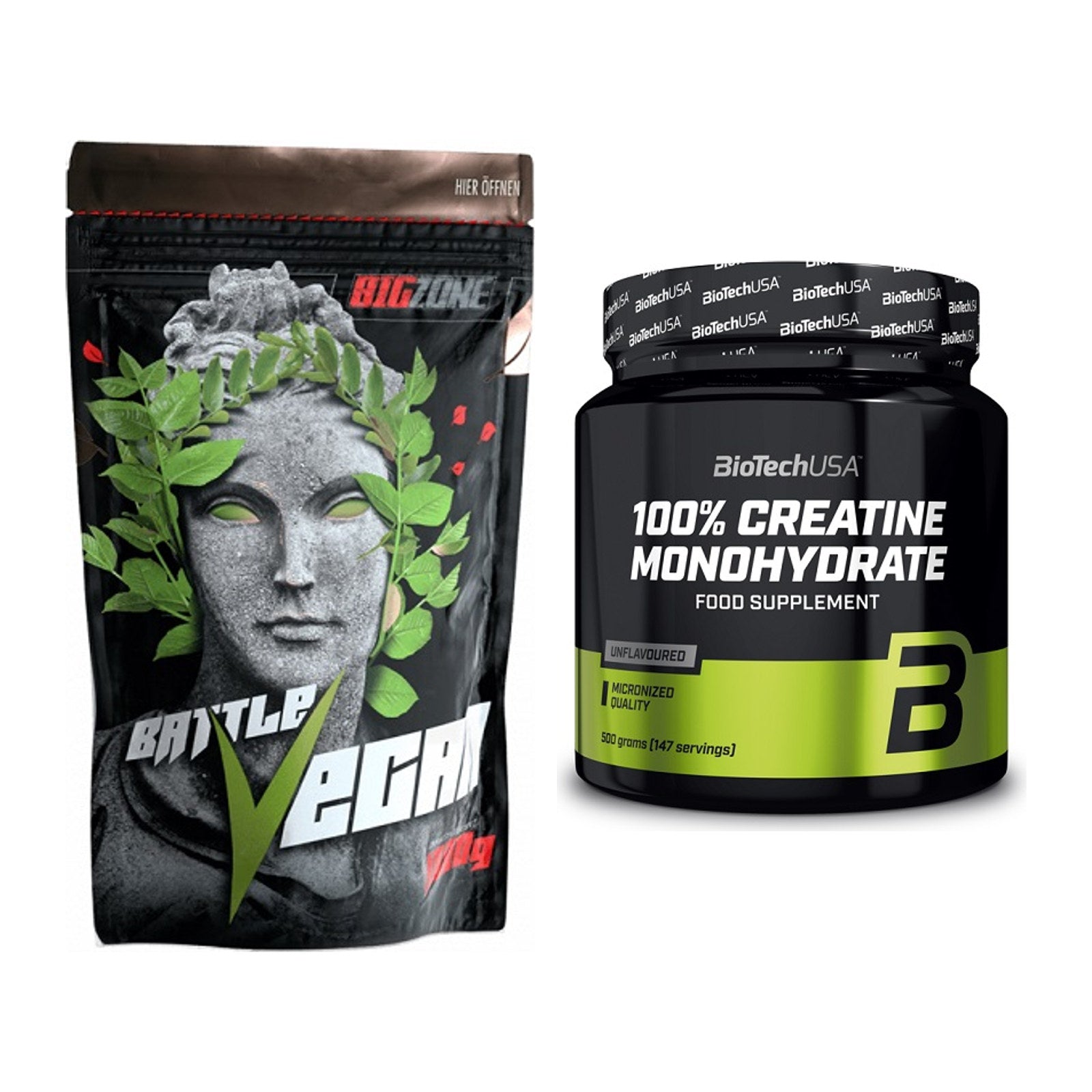 Muskelaufbau-Set: Big Zone Battle Vegan + BioTech Creatine Monohydrate – alle enthaltenen Artikel