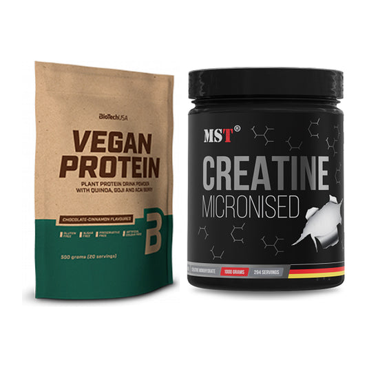 Muskelaufbau-Set: BioTech Vegan Protein 500g + MST Creatin Monohydrate – alle enthaltenen Artikel
