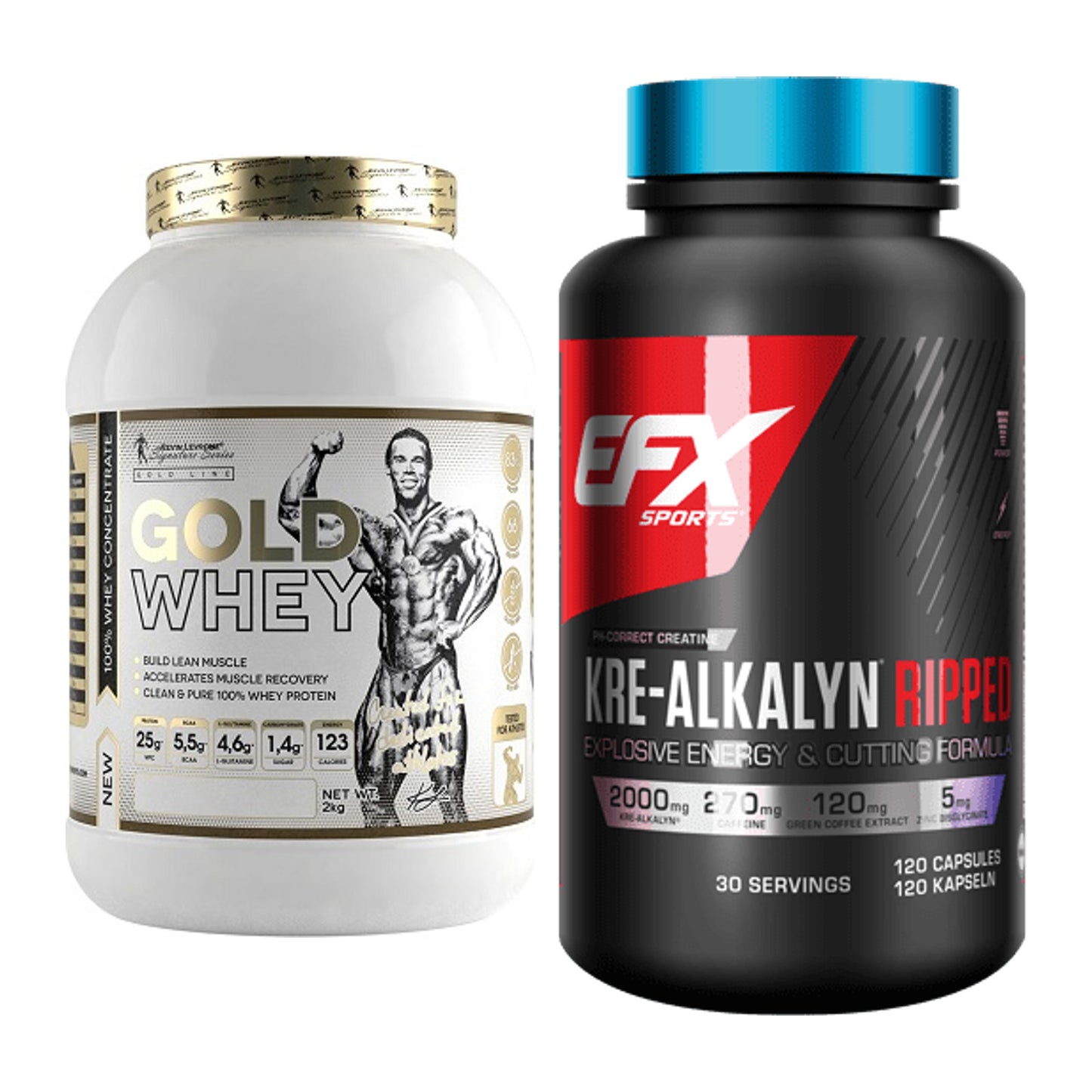 Muskelaufbau-Set: Kevin Levrone Gold Whey + EFX Kre-Alkalyn Ripped – alle enthaltenen Artikel