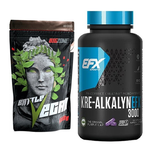 Muskelaufbau-Set: Big Zone Battle Vegan + EFX Kre-Alkalyn 3000 – alle enthaltenen Artikel