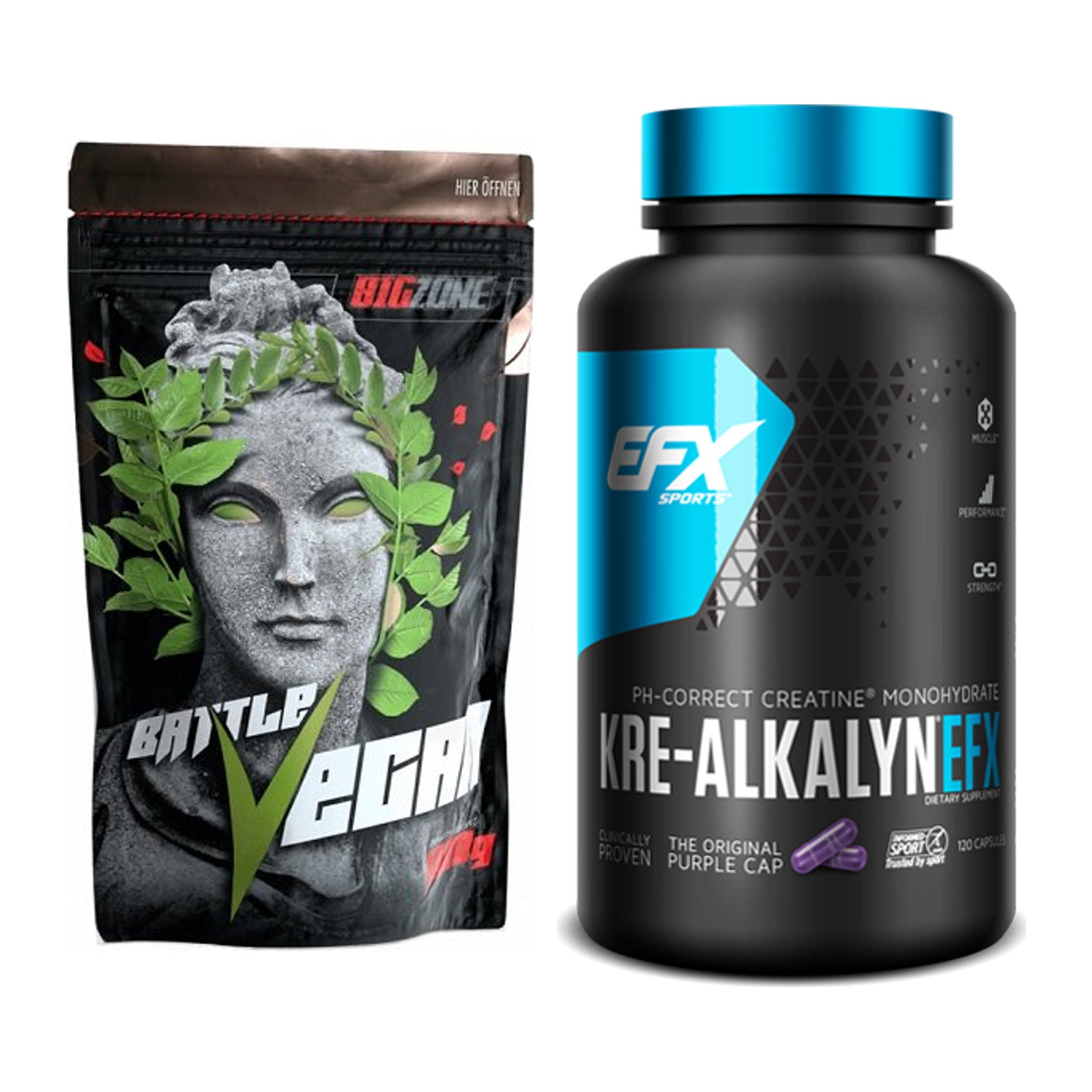 Muskelaufbau-Set: Big Zone Battle Vegan + EFX Kre-Alkalyn – alle enthaltenen Artikel
