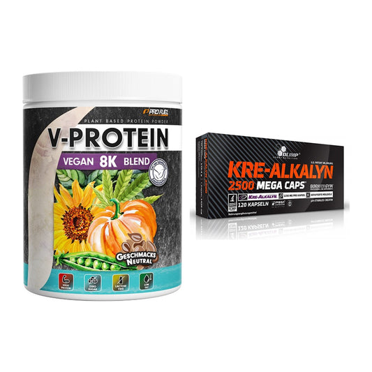 Muskelaufbau-Set: ProFuel V-Protein Vegan + Olimp Kre Alkalyn 2500 – alle enthaltenen Artikel
