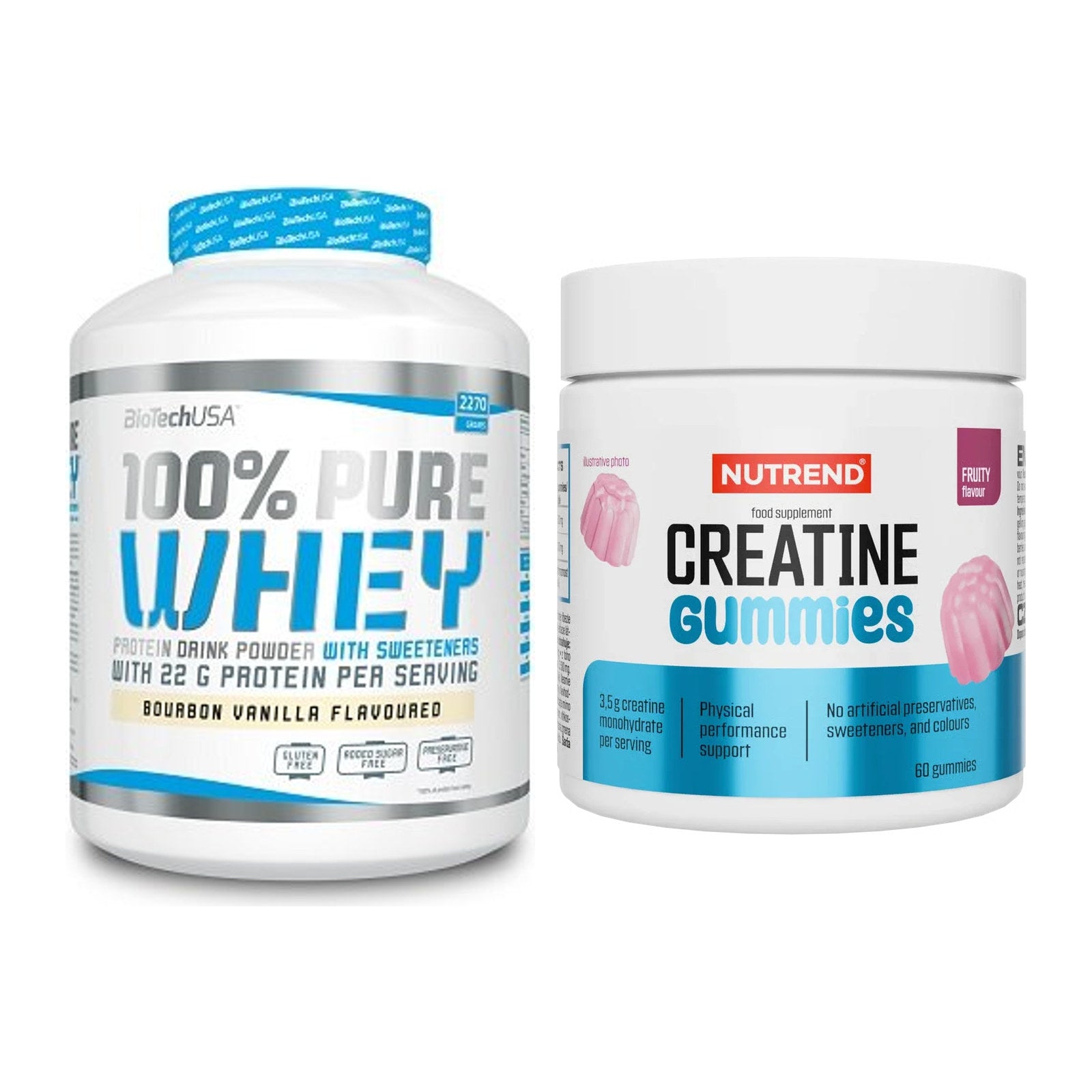 Muskelaufbau-Set: BioTech 100% Pure Whey + Nutrend Creatine Gummies – alle enthaltenen Artikel