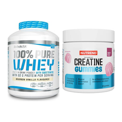 Muskelaufbau-Set: BioTech 100% Pure Whey + Nutrend Creatine Gummies – alle enthaltenen Artikel