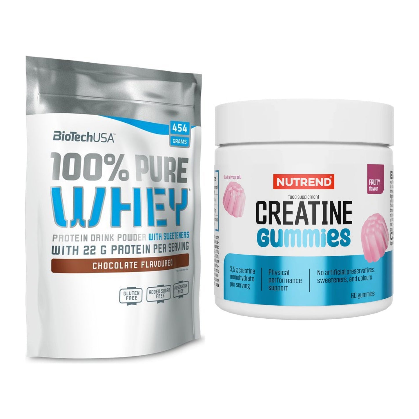 Muskelaufbau-Set: BioTech 100% Pure Whey + Nutrend Creatine Gummies – alle enthaltenen Artikel
