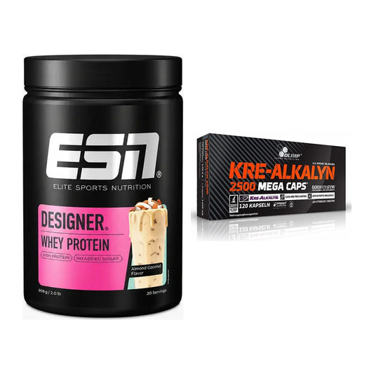 Muskelaufbau-Set: ESN Designer Whey + Olimp Kre Alkalyn 2500 – alle enthaltenen Artikel