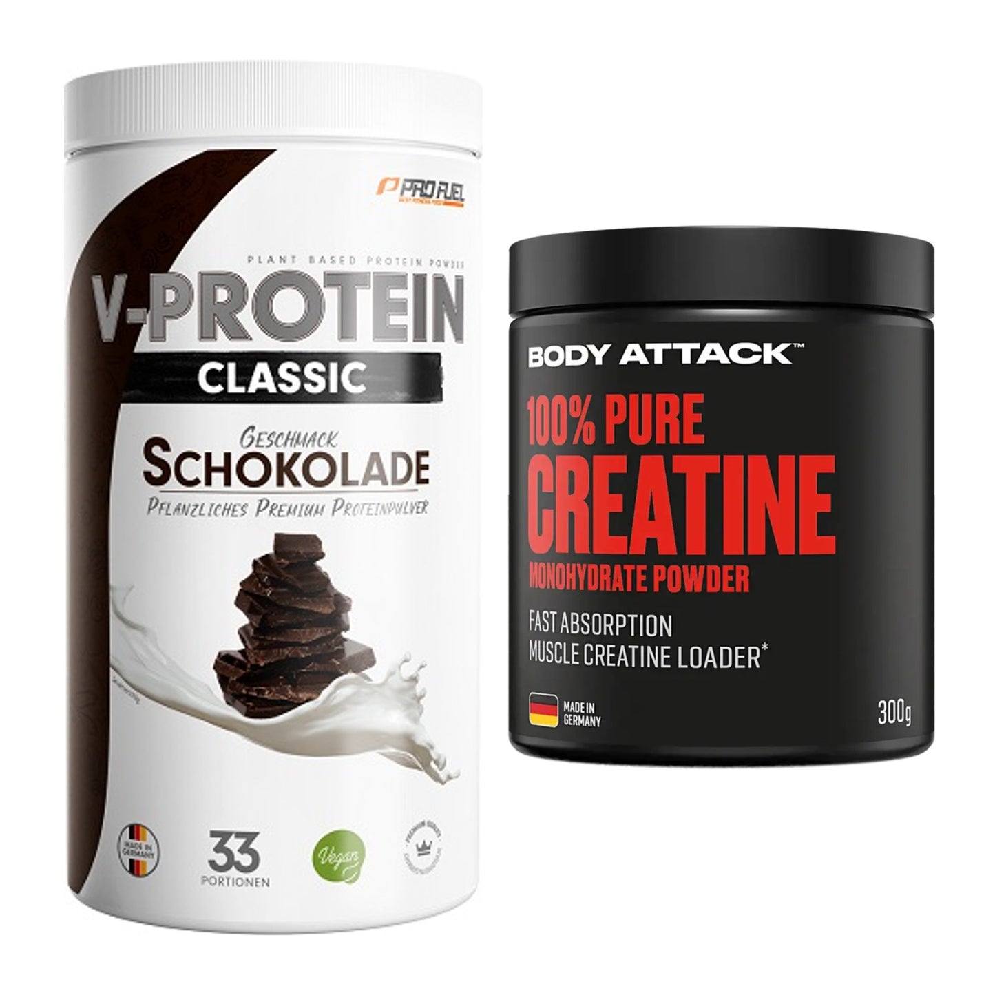 Muskelaufbau-Set: ProFuel VEGAN PROTEIN + Body Attack 100% Pure – alle enthaltenen Artikel