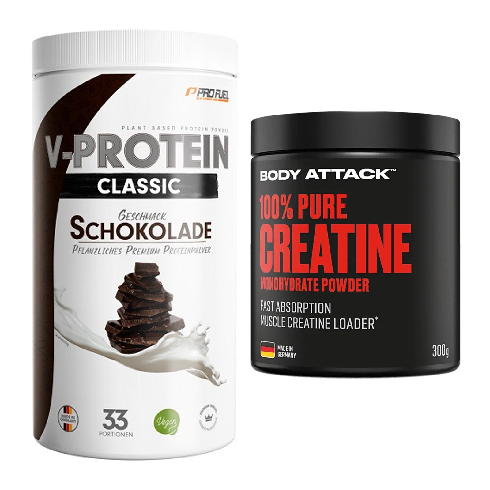 Muskelaufbau-Set: ProFuel VEGAN PROTEIN + Body Attack 100% Pure – alle enthaltenen Artikel
