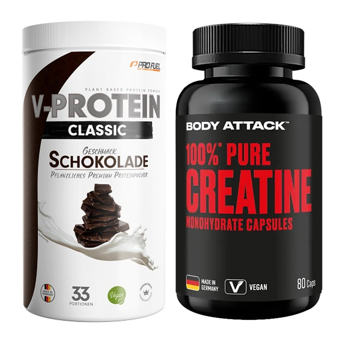 Muskelaufbau-Set: ProFuel VEGAN PROTEIN + Body Attack 100% Pure – alle enthaltenen Artikel