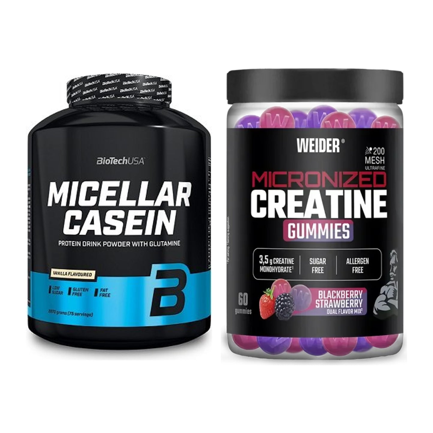 Muskelaufbau-Set: BioTech Micellar Casein + Weider Micronized – alle enthaltenen Artikel