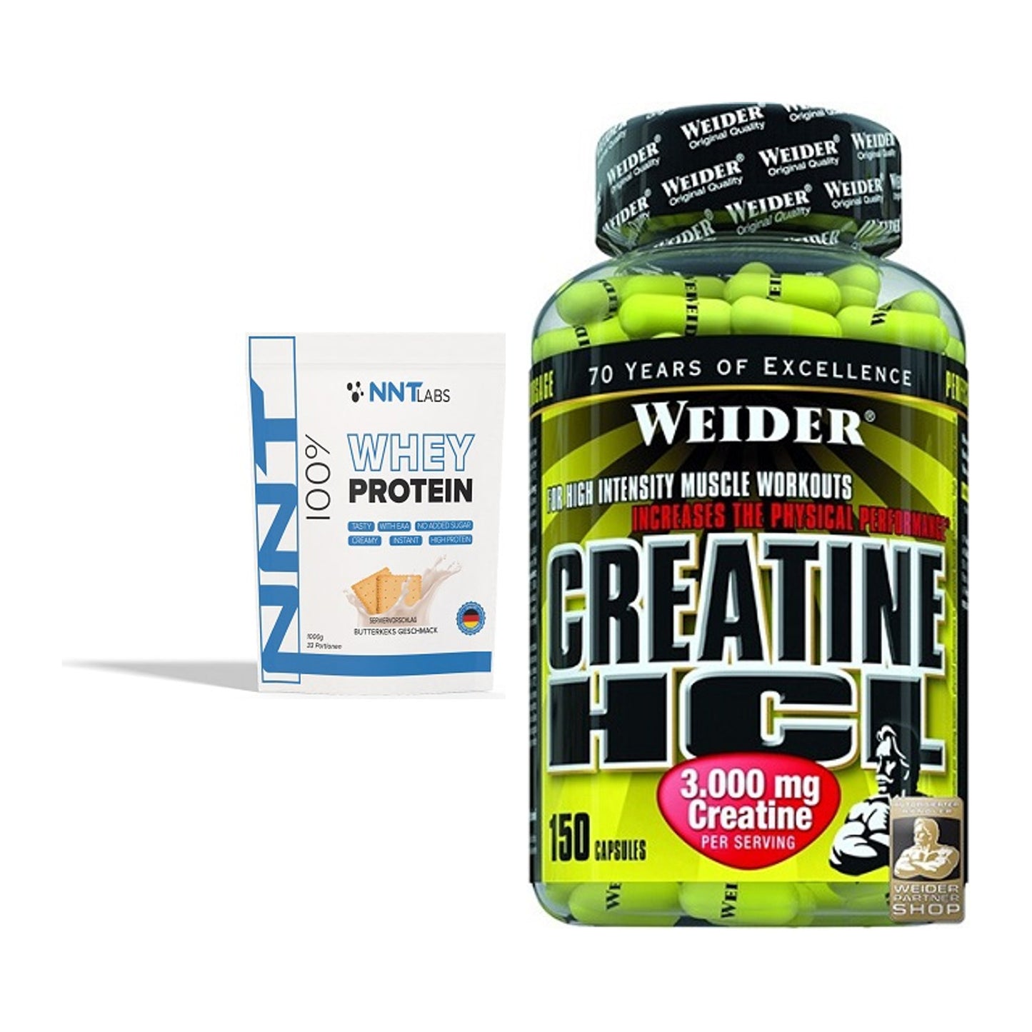 Muskelaufbau-Set: NNT Whey + Weider Creatin HCL – alle enthaltenen Artikel