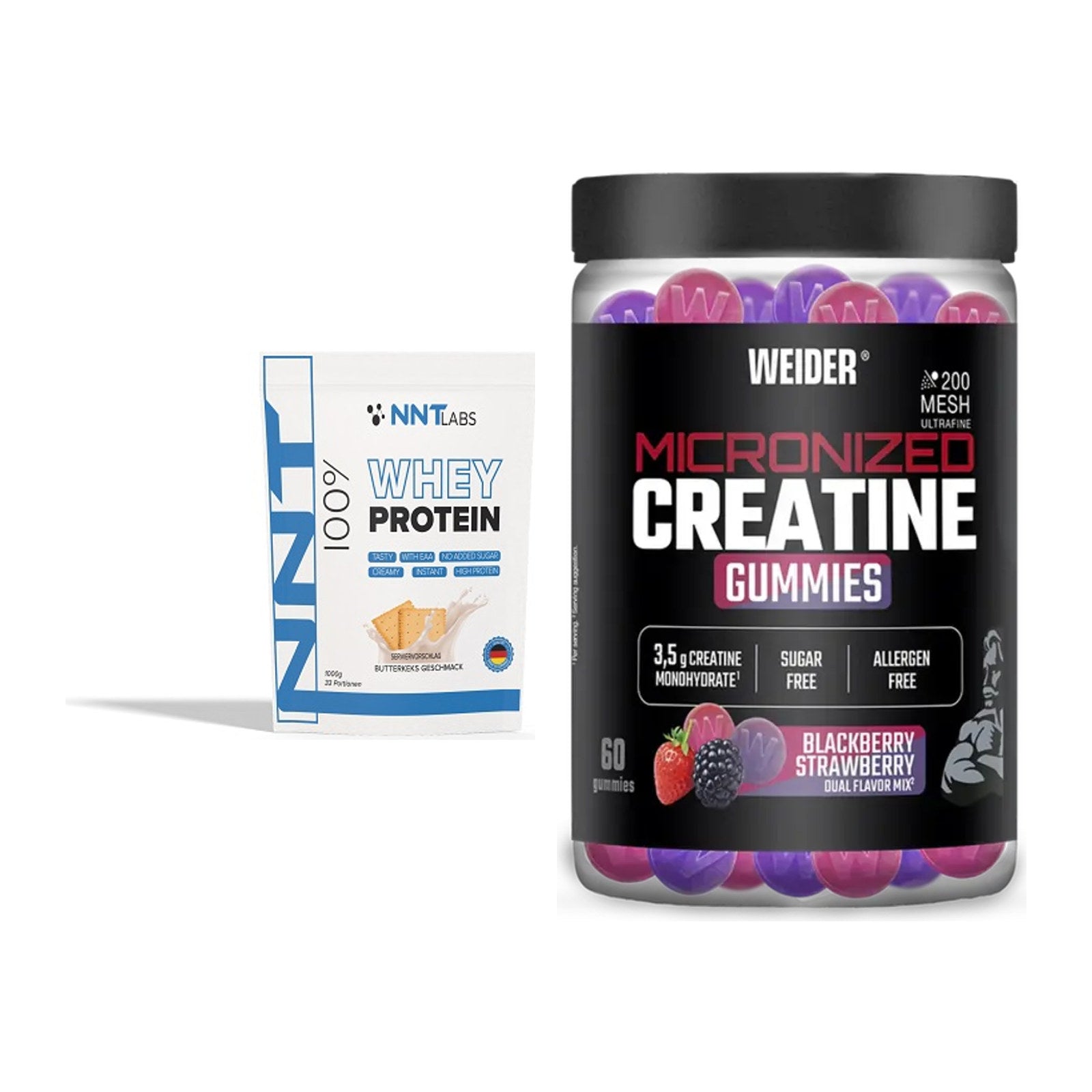 Muskelaufbau-Set: NNT Whey + Weider Micronized Creatine Gummies – alle enthaltenen Artikel