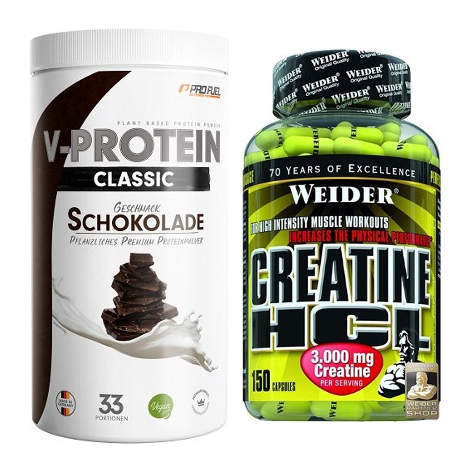 Muskelaufbau-Set: ProFuel VEGAN PROTEIN 1kg + Weider Creatin HCL – alle enthaltenen Artikel