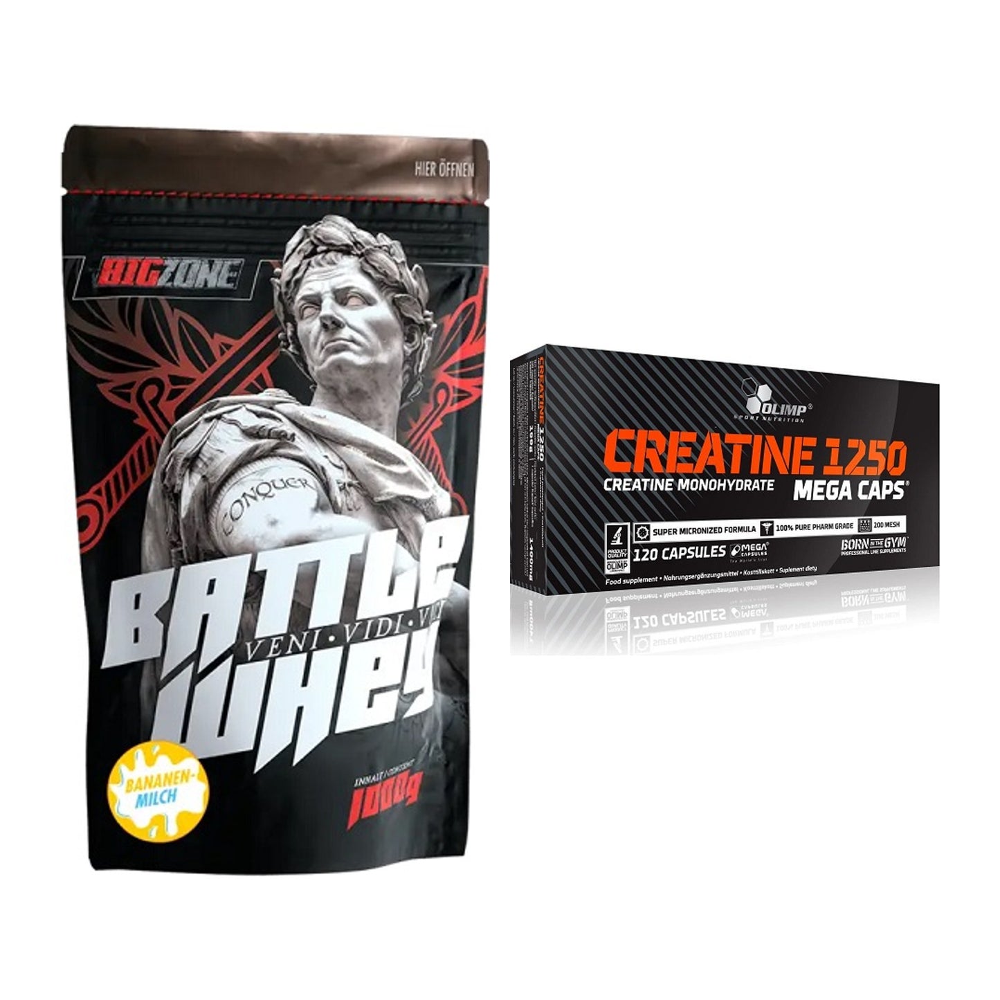 Muskelaufbau-Set: Big Zone Battle Whey + Olimp Creatine Mega Caps – alle enthaltenen Artikel