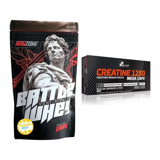 Muskelaufbau-Set: Big Zone Battle Whey + Olimp Creatine Mega Caps – alle enthaltenen Artikel