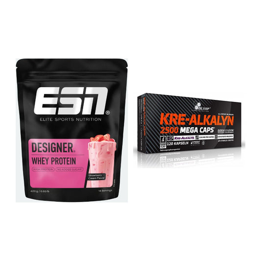 Zestaw do budowy mięśni: ESN Designer Whey 420g + Olimp Kre Alkalyn 2500 - wszystkie elementy w zestawie