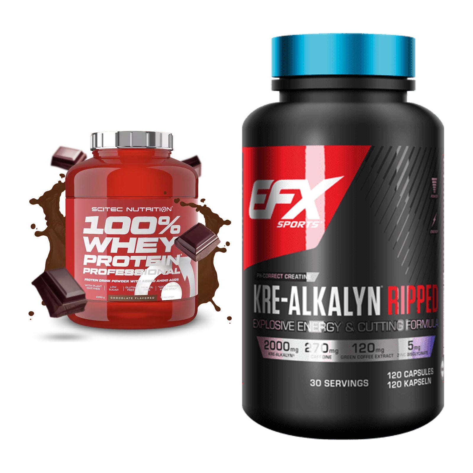 Muskelaufbau-Set: Scitec 100% Whey + EFX Kre-Alkalyn Ripped – alle enthaltenen Artikel