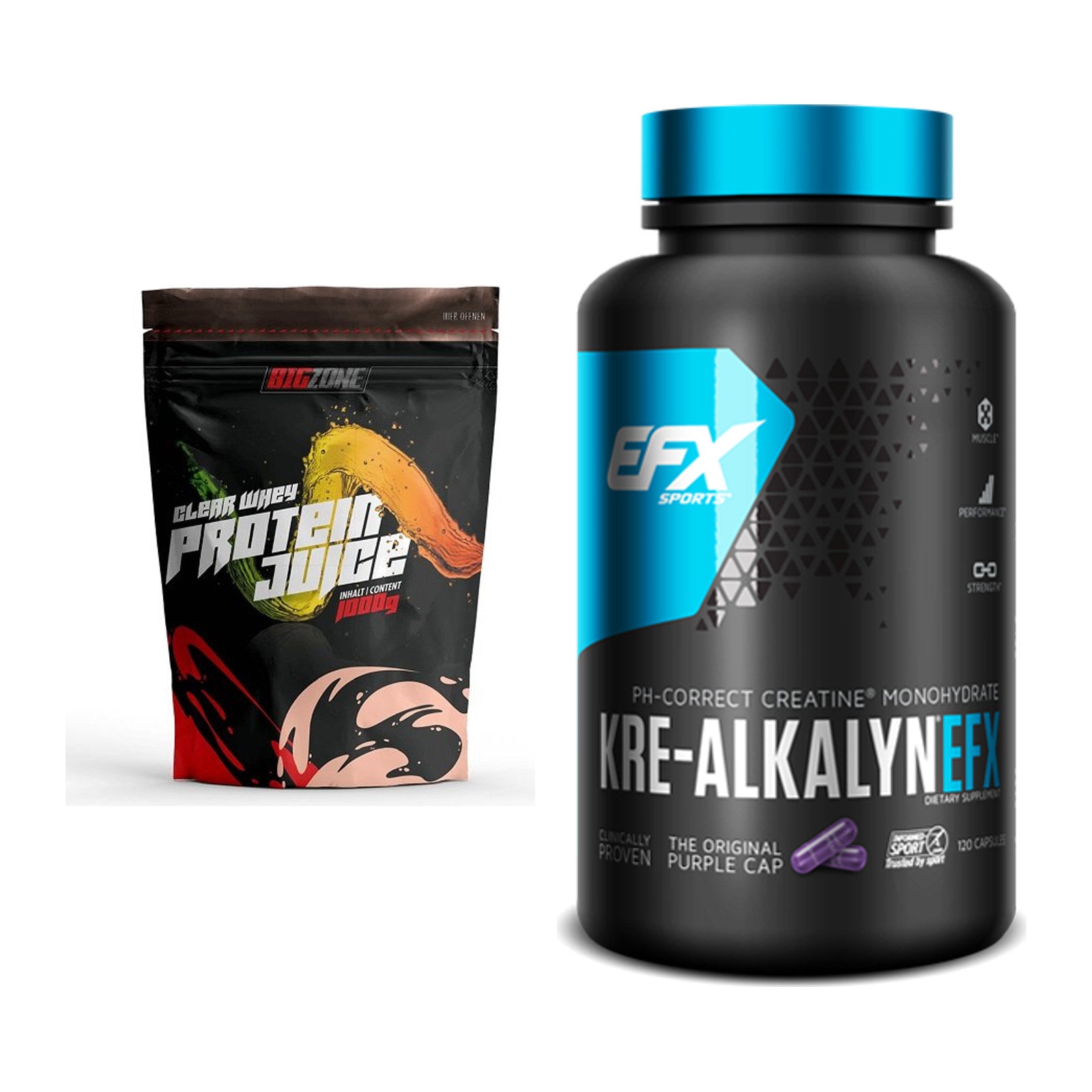 Muskelaufbau-Set: Big Zone Clear Whey Protein Juice + EFX Kre-Alkalyn – alle enthaltenen Artikel
