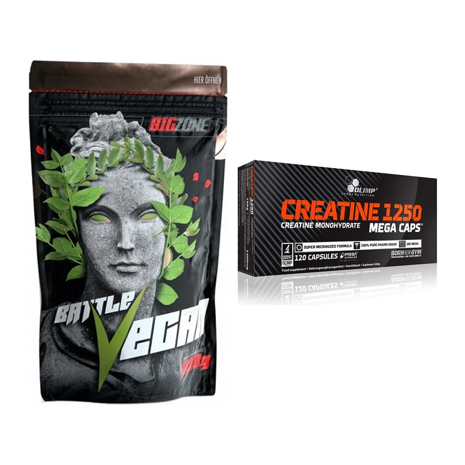 Muskelaufbau-Set: Big Zone Battle Vegan + Olimp Creatine Mega Caps – alle enthaltenen Artikel