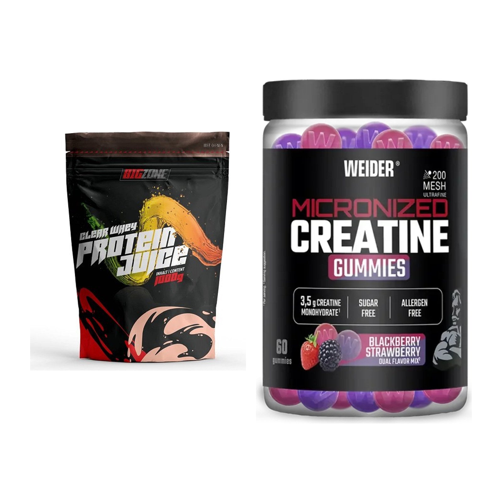 Muskelaufbau-Set: Big Zone Clear Whey + Weider Micronized – alle enthaltenen Artikel