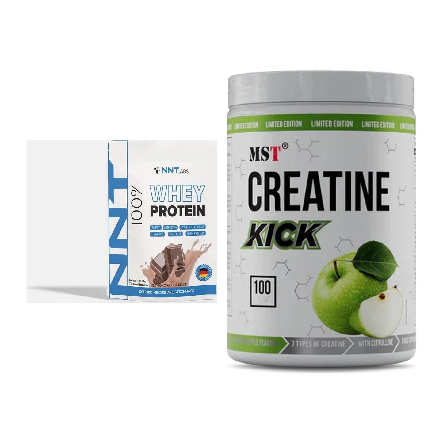 Muskelaufbau-Set: NNT Whey 450g (Erdbeer) + MST Creatine Kick 1000g – alle enthaltenen Artikel