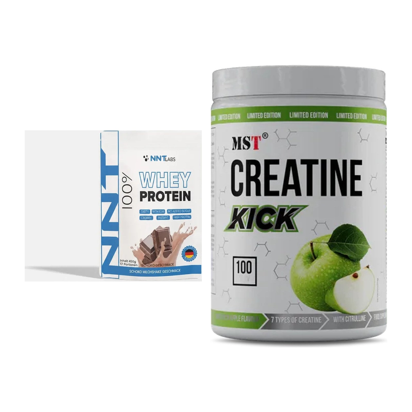 Muskelaufbau-Set: NNT Whey 450g (Erdbeer) + MST Creatine Kick 1000g – alle enthaltenen Artikel