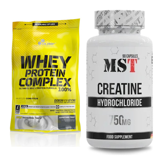 Muskelbyggesett: Olimp Whey Protein Complex 100 % + MST Creatine HCL - alle varer inkludert