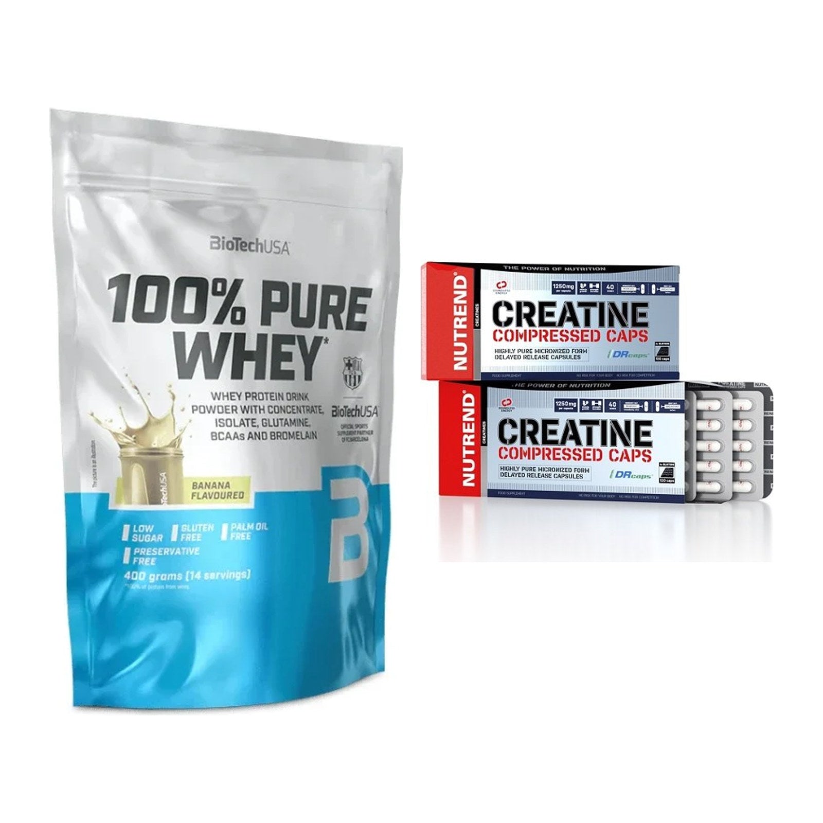 Muskelaufbau-Set: BioTech 100% Pure Whey + Nutrend Creatine – alle enthaltenen Artikel