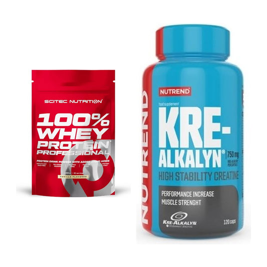 Muskelaufbau-Set: Scitec 100% Whey Protein + Nutrend Kre-Alkalyn – alle enthaltenen Artikel