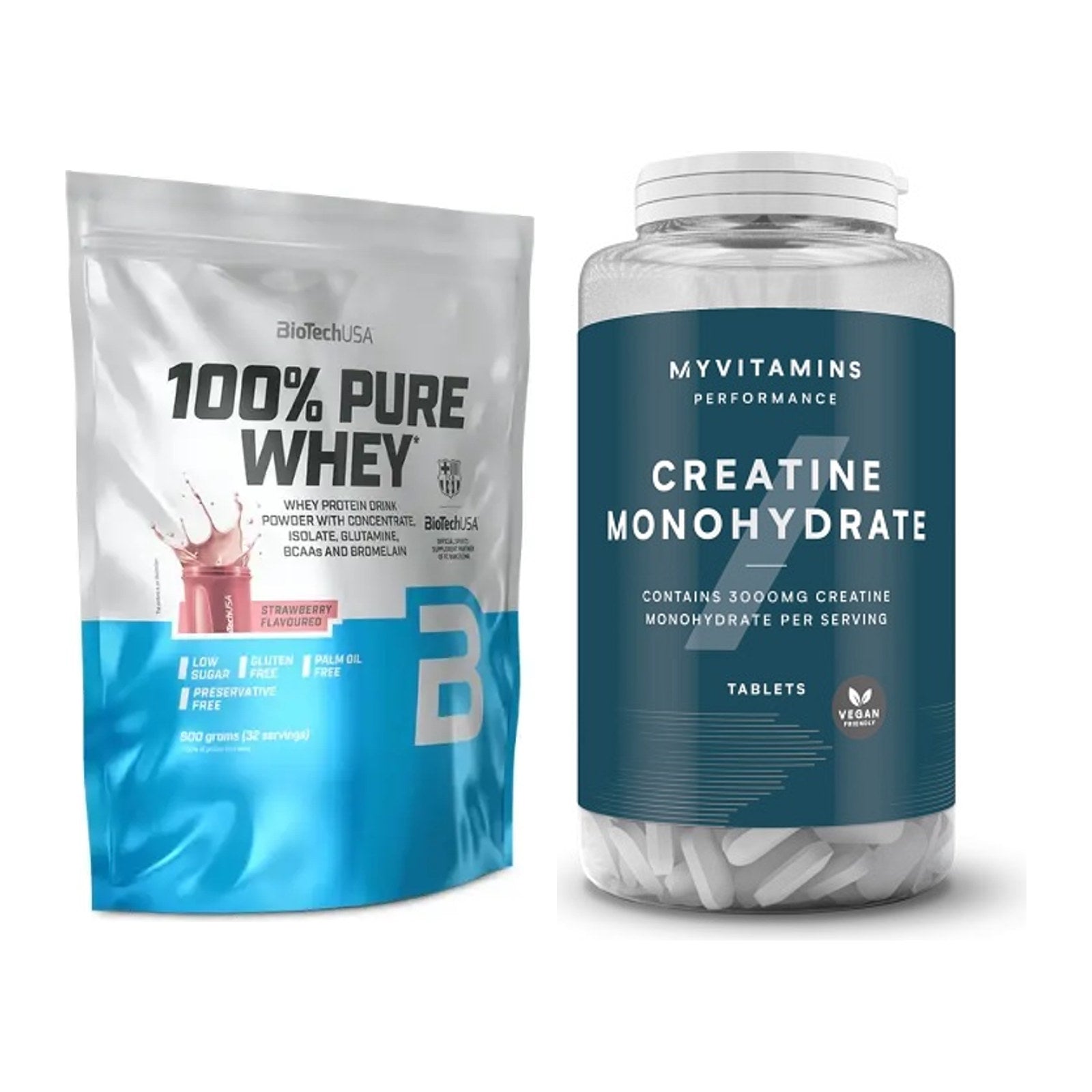 Muskelaufbau-Set: BioTech 100% Pure Whey + MyProtein MyVitamins – alle enthaltenen Artikel