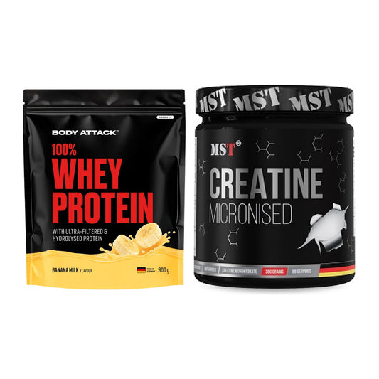 Muskelaufbau-Set: Body Attack 100% Whey + MST Creatin Monohydrate – alle enthaltenen Artikel