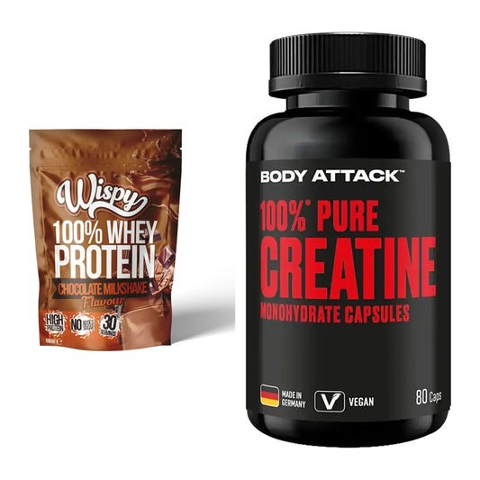 Muskelaufbau-Set: Wispy Whey 100% 1000g + Body Attack 100% Pure – alle enthaltenen Artikel