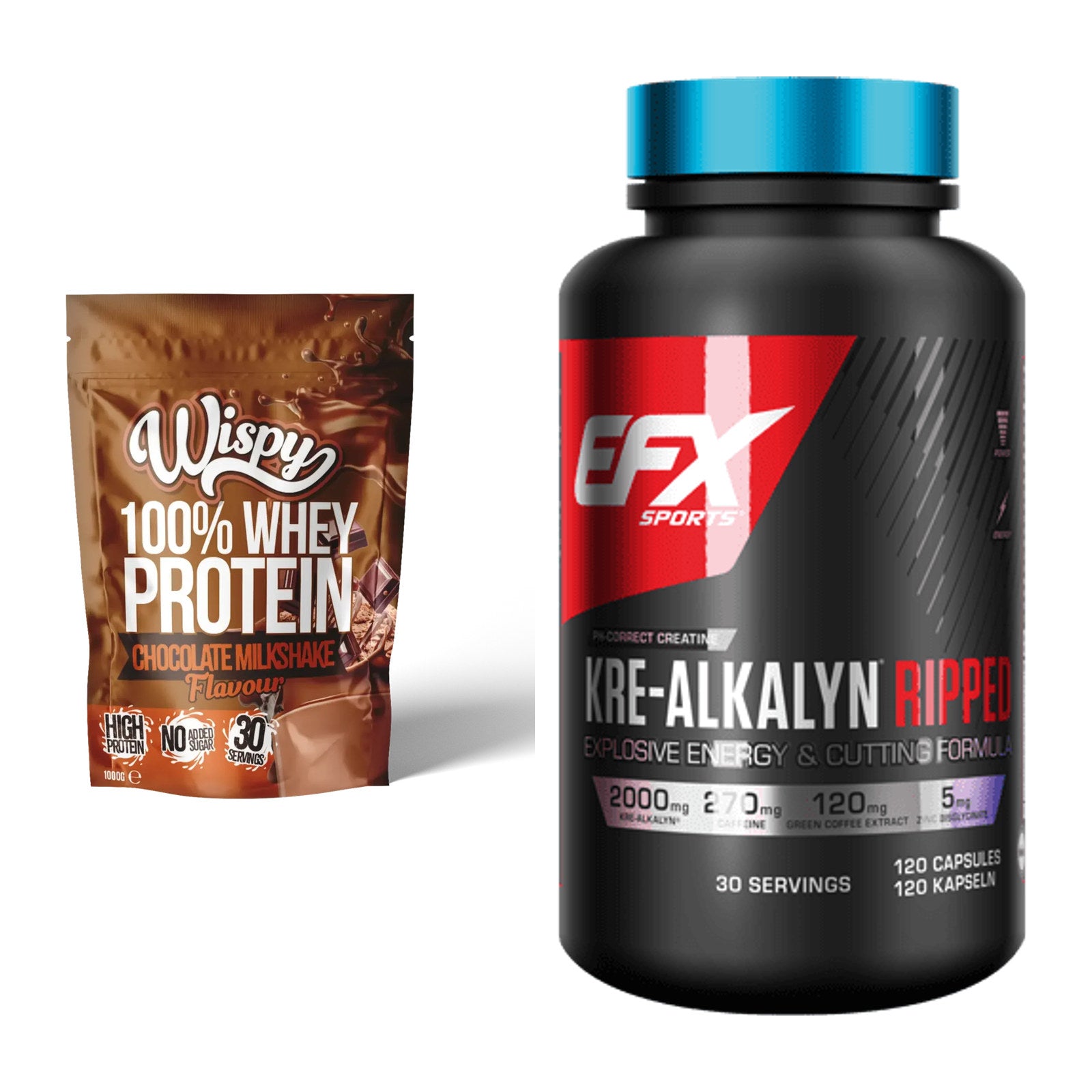 Muskelaufbau-Set: Wispy Whey 100% 1000g + EFX Kre-Alkalyn Ripped – alle enthaltenen Artikel