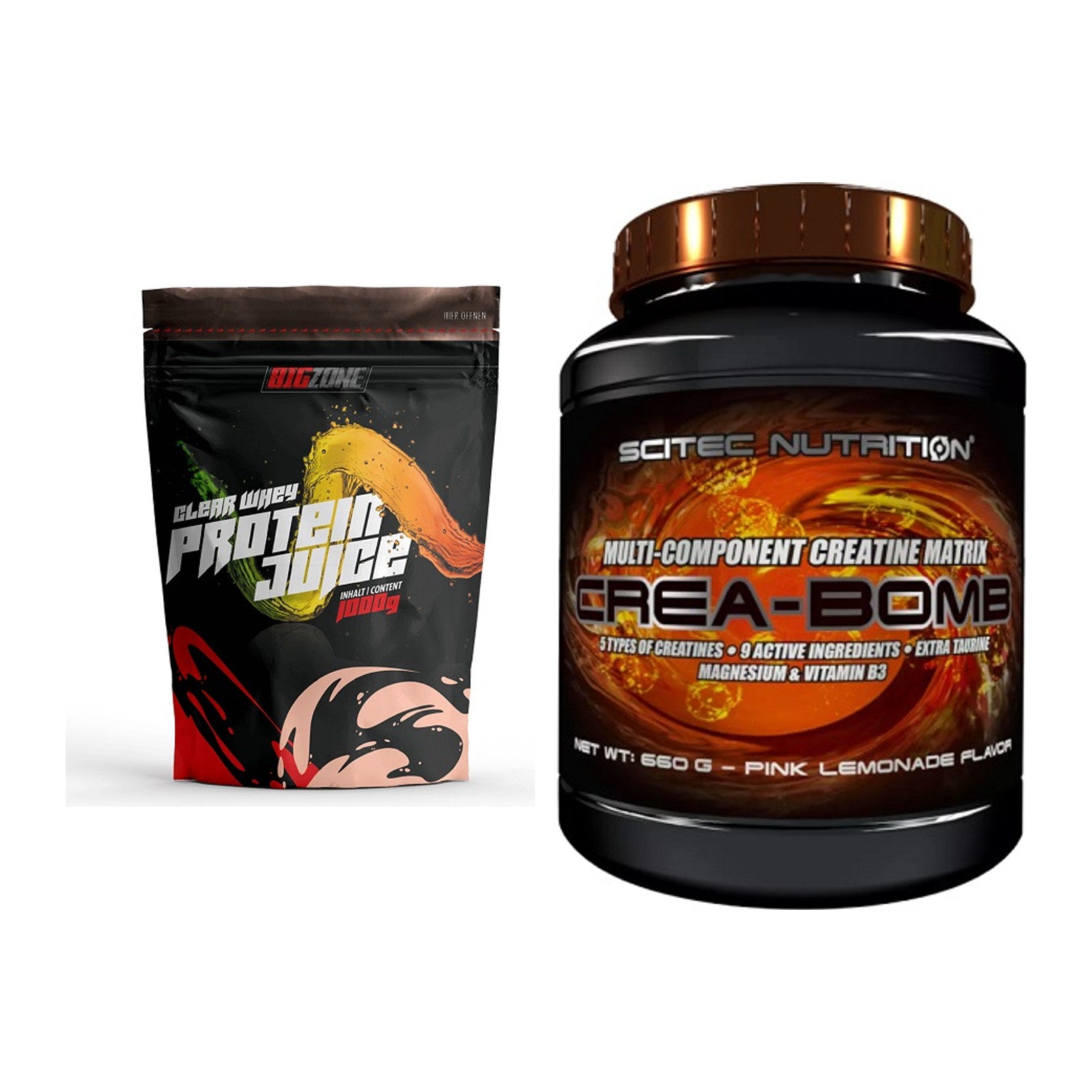 Muskelaufbau-Set: Big Zone Clear Whey Protein Juice + Scitec Crea-Bomb – alle enthaltenen Artikel