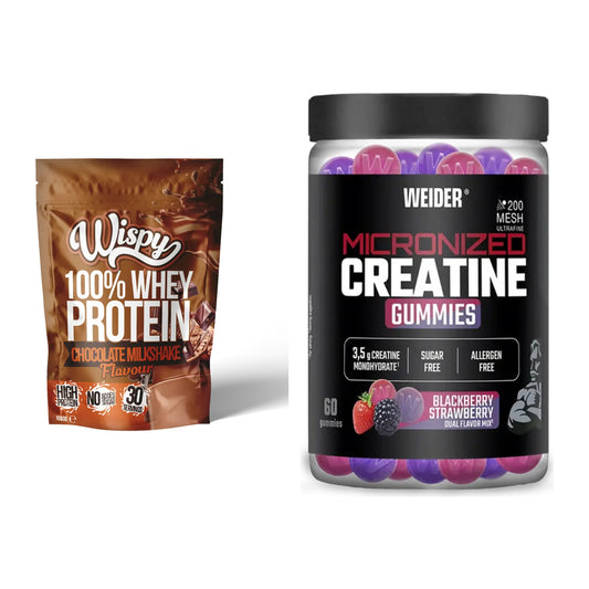Muskelaufbau-Set: Wispy Whey 100% + Weider Micronized Creatine Gummies – alle enthaltenen Artikel