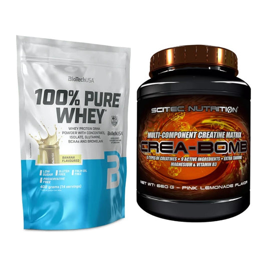 Muskelaufbau-Set: BioTech 100% Pure Whey + Scitec Crea-Bomb – alle enthaltenen Artikel
